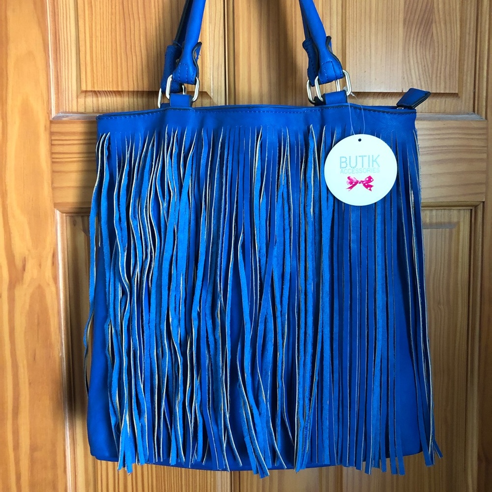 Blue fringe faux leather bag